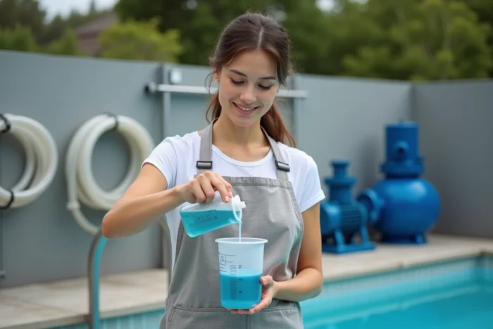 Femme dosant un traitement au chlore pour l'entretien d'une piscine devant un local technique avec filtre à sable