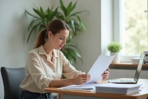 Femme consultant son dossier de logement Syplo dans un bureau administratif