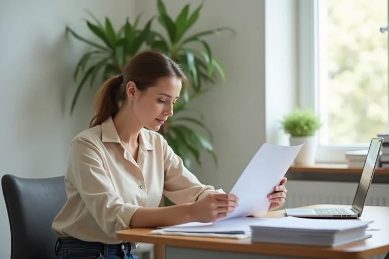 Femme consultant son dossier de logement Syplo dans un bureau administratif