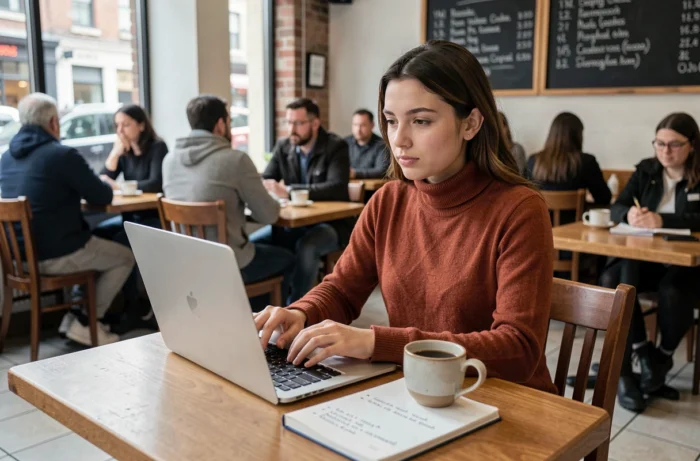 Jeune femme rédigeant un message email pour contacter une station de radio depuis un café