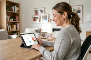 Femme utilisant une tablette pour gérer l'espace famille en ligne depuis son bureau à domicile