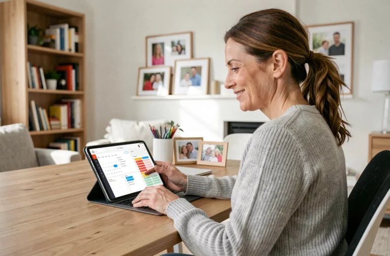Femme utilisant une tablette pour gérer l'espace famille en ligne depuis son bureau à domicile