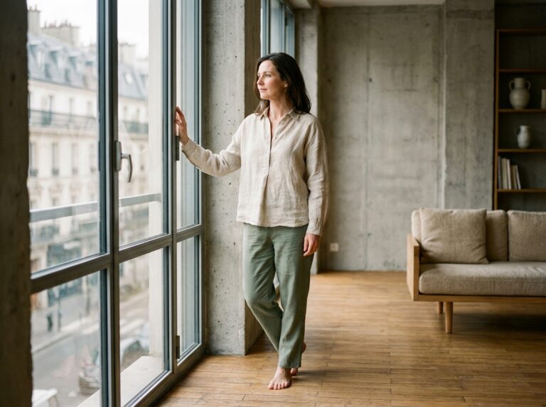 Femme contemplative près d'une grande fenêtre dans un appartement parisien baigné de lumière naturelle