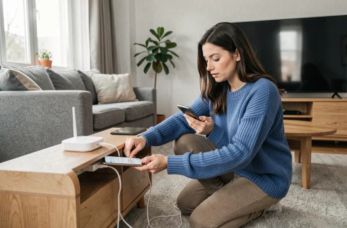 Femme connectant la Freebox Pop dans un salon moderne pour configurer Google