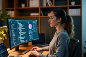 Femme développeuse devant un grand écran d'ordinateur affichant du code dans un bureau à domicile moderne