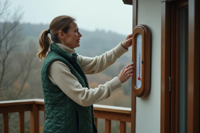Femme lisant un thermomètre extérieur traditionnel sur une terrasse en bois en campagne en automne
