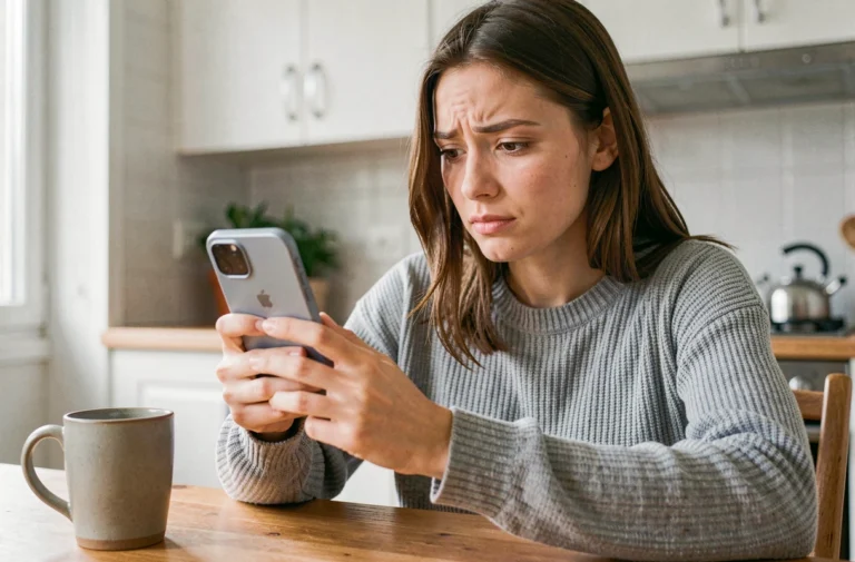 Jeune femme consultant les paramètres de son smartphone Android pour choisir entre le mode avion et le mode Ne pas déranger
