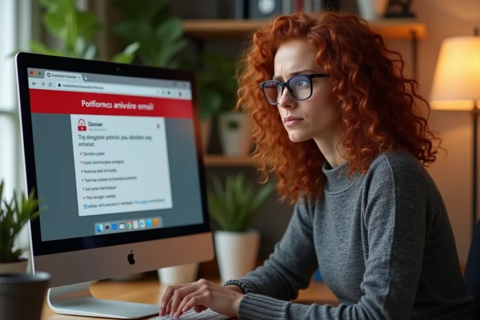 Femme inquiète face à un email de phishing et une alerte antivirus sur son ordinateur à domicile