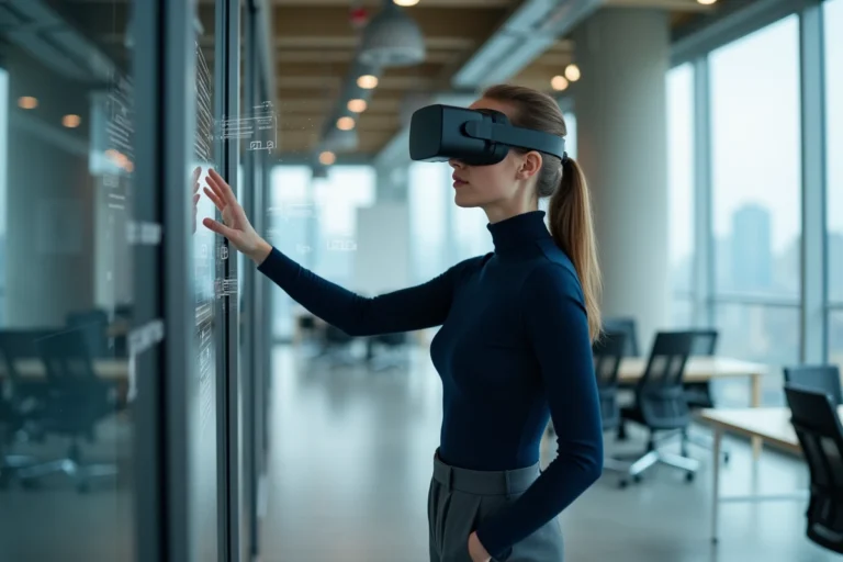 Femme portant un casque de réalité augmentée dans un bureau technologique moderne avec vue sur la ville en 2024