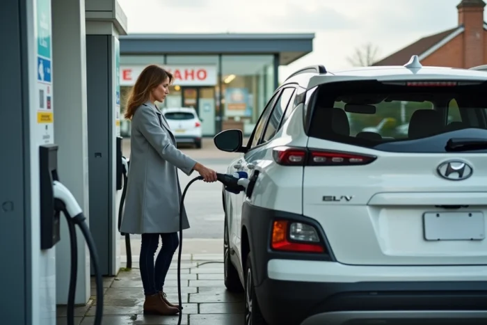 Femme branchant le câble de recharge d'un SUV hybride dans une station-service de banlieue