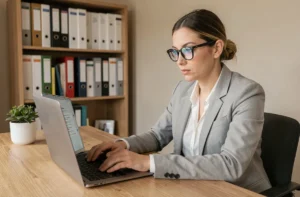 Femme consultant des annonces d'emploi en ligne sur un ordinateur portable dans un bureau à domicile moderne