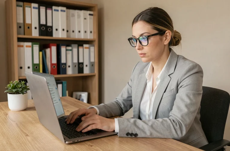 Femme consultant des annonces d'emploi en ligne sur un ordinateur portable dans un bureau à domicile moderne