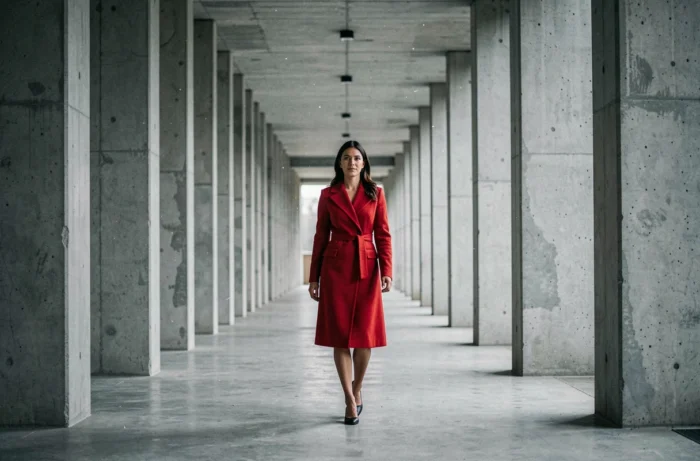 Femme en manteau rouge marchant seule dans un couloir de béton brutaliste, rappelant l'esthétique symbolique et architecturale de l'univers Matrix