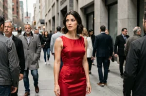 Femme en robe rouge se détachant d'une foule urbaine en gris, symbolisant le personnage iconique de Matrix