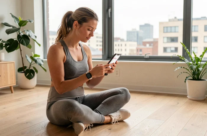 Jeune femme active consultant ses données de santé personnalisées sur smartphone et montre connectée dans un appartement moderne, représentant la santé connectée du quotidien