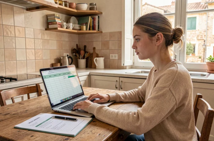 Jeune femme consultant une simulation de crédit immobilier sur son ordinateur portable dans une cuisine d'appartement français, préparant son dossier de prêt