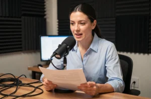 Femme parlant dans un microphone professionnel dans un studio radio maison pour faire passer un message à une radio