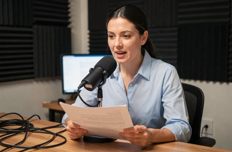 Femme parlant dans un microphone professionnel dans un studio radio maison pour faire passer un message à une radio