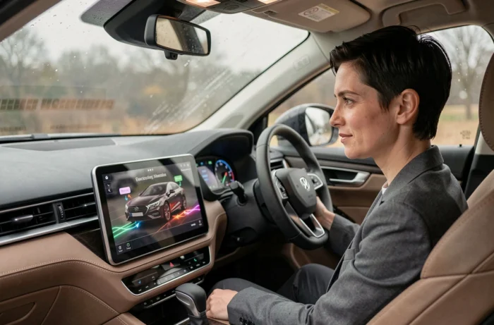 Femme au volant d'un véhicule hybride consultant l'écran de flux d'énergie du tableau de bord numérique