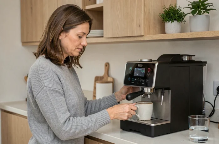 Femme utilisant la machine à café expresso Saeco Picobaristo Deluxe dans sa cuisine pour préparer son café du matin