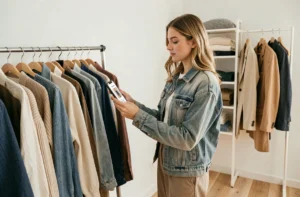 Jeune femme parcourant des vêtements de seconde main sur l'application Vinted dans un appartement minimaliste