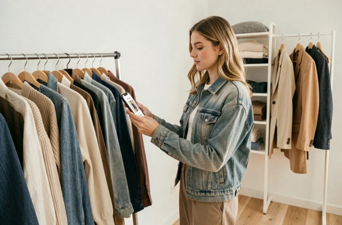 Jeune femme parcourant des vêtements de seconde main sur l'application Vinted dans un appartement minimaliste