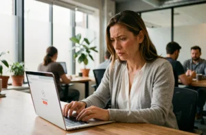 Femme frustrée devant un écran de messagerie académique qui se charge lentement au bureau