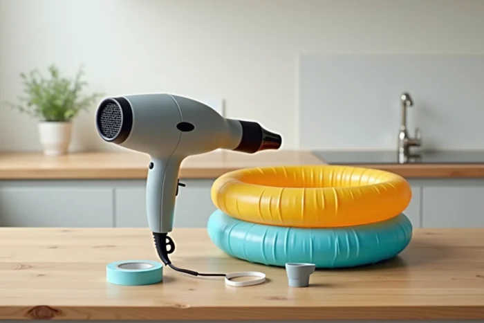 Flat-lay d'un sèche-cheveux, d'une piscine gonflable dégonflée et d'accessoires pour gonflage posés sur une table en bois