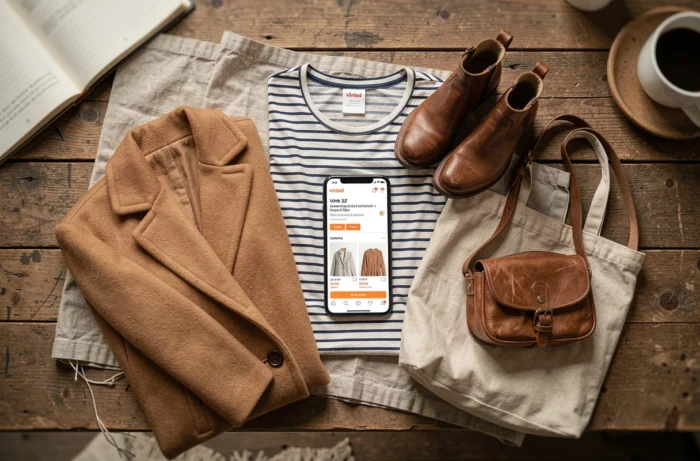 Plat posé de vêtements tendance de seconde main autour d'un smartphone affichant Vinted sur une table en bois rustique