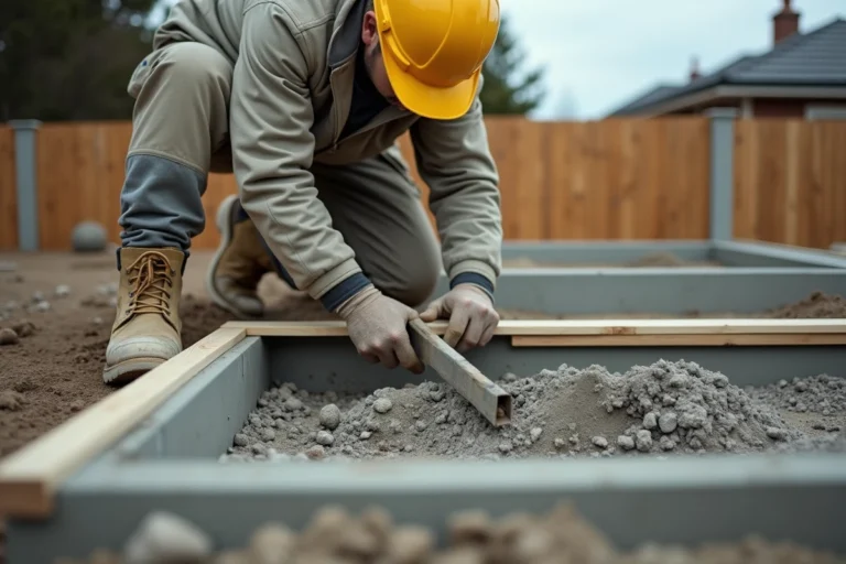 Maçon professionnel nivelant les fondations en béton d'une terrasse résidentielle avec coffrage en bois et armatures métalliques