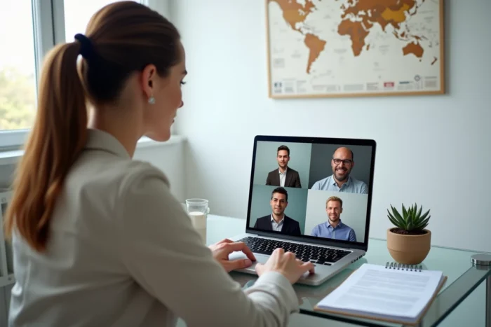 Femme en visioconférence formalisant les conditions de télétravail international avec son employeur