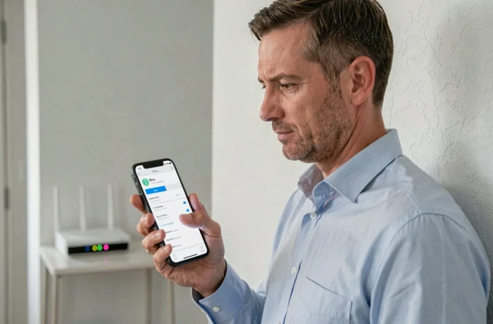 Homme consultant l'application Bbox sur smartphone dans un couloir d'appartement moderne