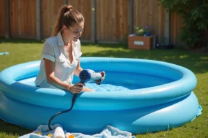Femme utilisant un sèche-cheveux pour gonfler une piscine gonflable bleue dans un jardin résidentiel ensoleillé