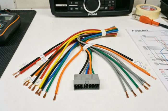 Gros plan sur le connecteur ISO et les fils colorés d'un faisceau autoradio Peugeot 207 sur établi