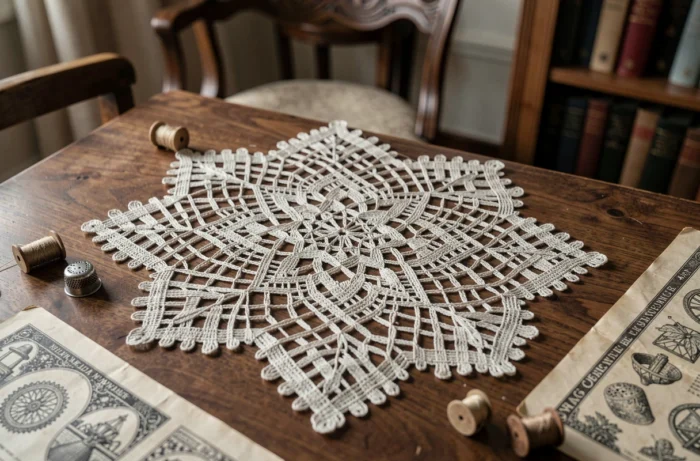 Gros plan d'une dentelle artisanale sur une surface en noyer avec des fuseaux et une fiche de patron vintage