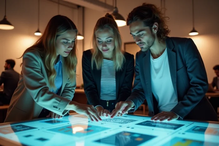 Groupe de jeunes professionnels collaborant autour d'une table tactile sur les tendances technologiques 2024