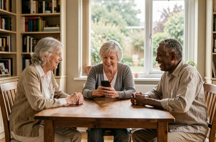 Groupe de seniors réunis autour d'une table partageant des actualités sur un smartphone, illustrant la vie sociale et connectée des personnes âgées