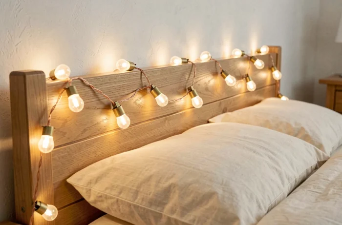 Guirlande lumineuse LED blanc chaud drapée sur une tête de lit en bois servant de veilleuse décorative dans une chambre de garçon