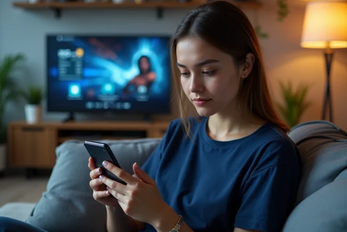 Jeune femme consultant l'historique de transactions Riot Games sur smartphone dans un salon moderne