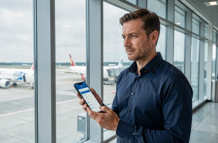 Homme à l'aéroport activant le mode avion sur son téléphone Android avant un vol