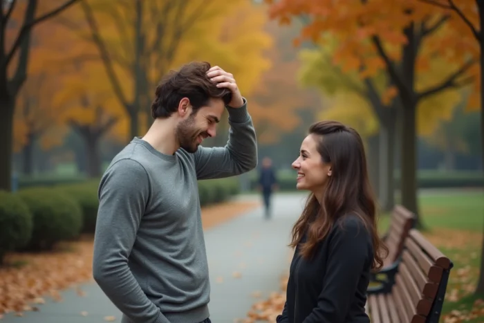 Homme nerveux et admiratif aux côtés d'une femme dans un parc en automne, signes non verbaux d'un amour secret