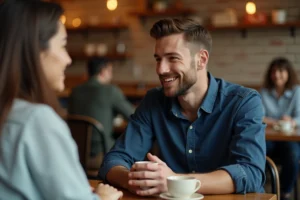 Homme amoureux regardant intensément une femme dans un café, signe révélateur d'un amour secret