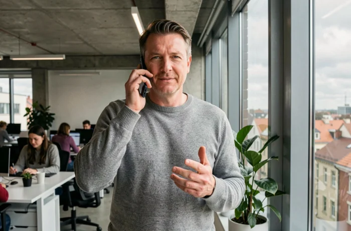 Homme en open space téléphonant à une radio depuis son bureau pour transmettre un message