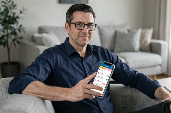 Homme consultant l'application espace famille sur son smartphone dans le salon pour simplifier la gestion familiale