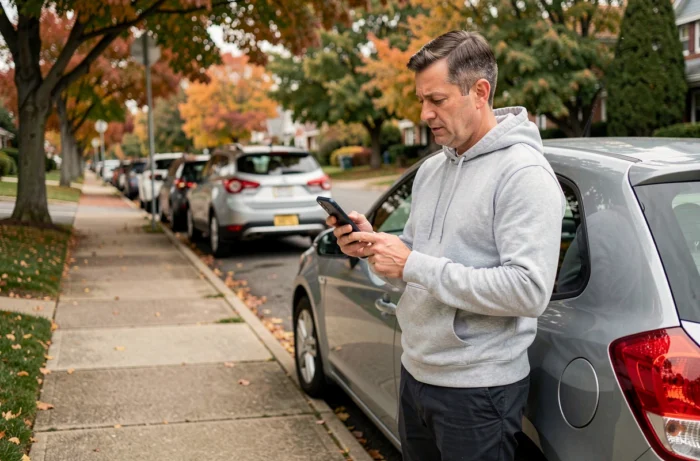 Homme consultant les avis utilisateurs d'une application de covoiturage debout près de sa voiture