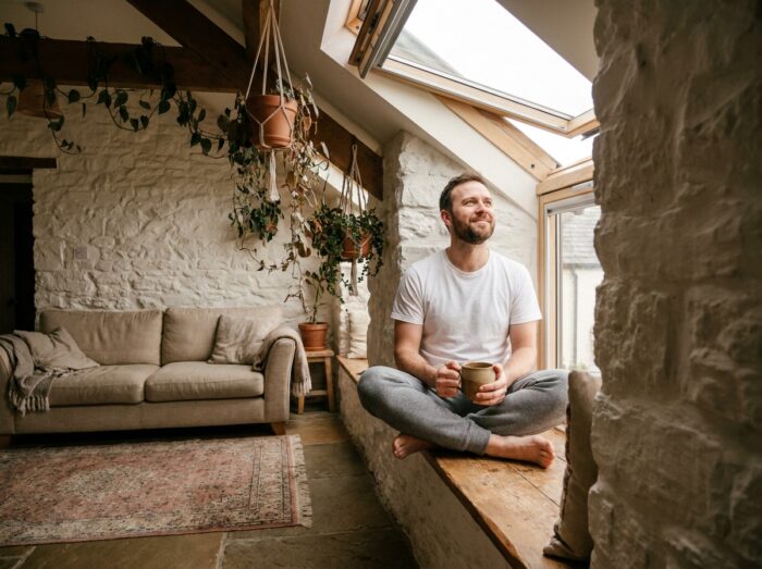 Homme détendu assis sur un banc de fenêtre sous un velux dans une maison de campagne lumineuse