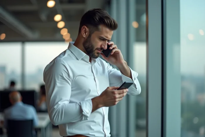 Homme en bureau tenant son téléphone et examinant un numéro d'appel manqué non reconnu