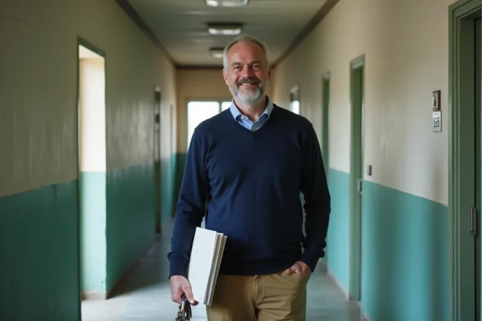 Homme tenant les clés de son nouveau logement social dans un couloir d'immeuble