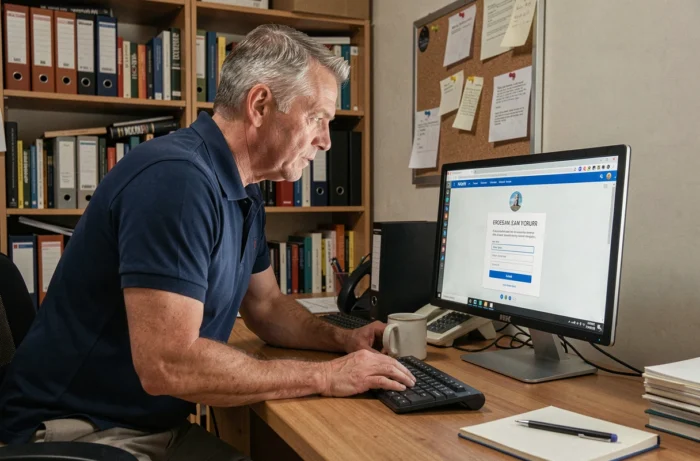 Homme consultant un message d'erreur de connexion sur le webmail académique depuis son bureau à domicile