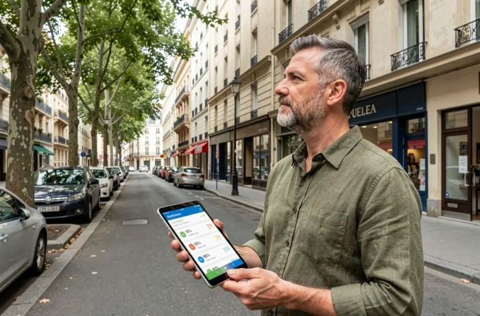 Homme évaluant un immeuble résidentiel avec une application de scoring immobilier BIMVUP sur tablette